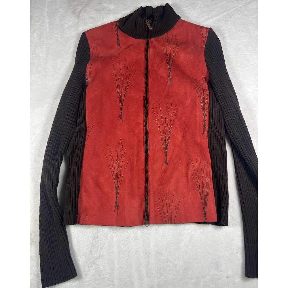 Robert Kitchen Jacket Womens Large Red Faux Suede Knit Sleeves Zip Mock Neck